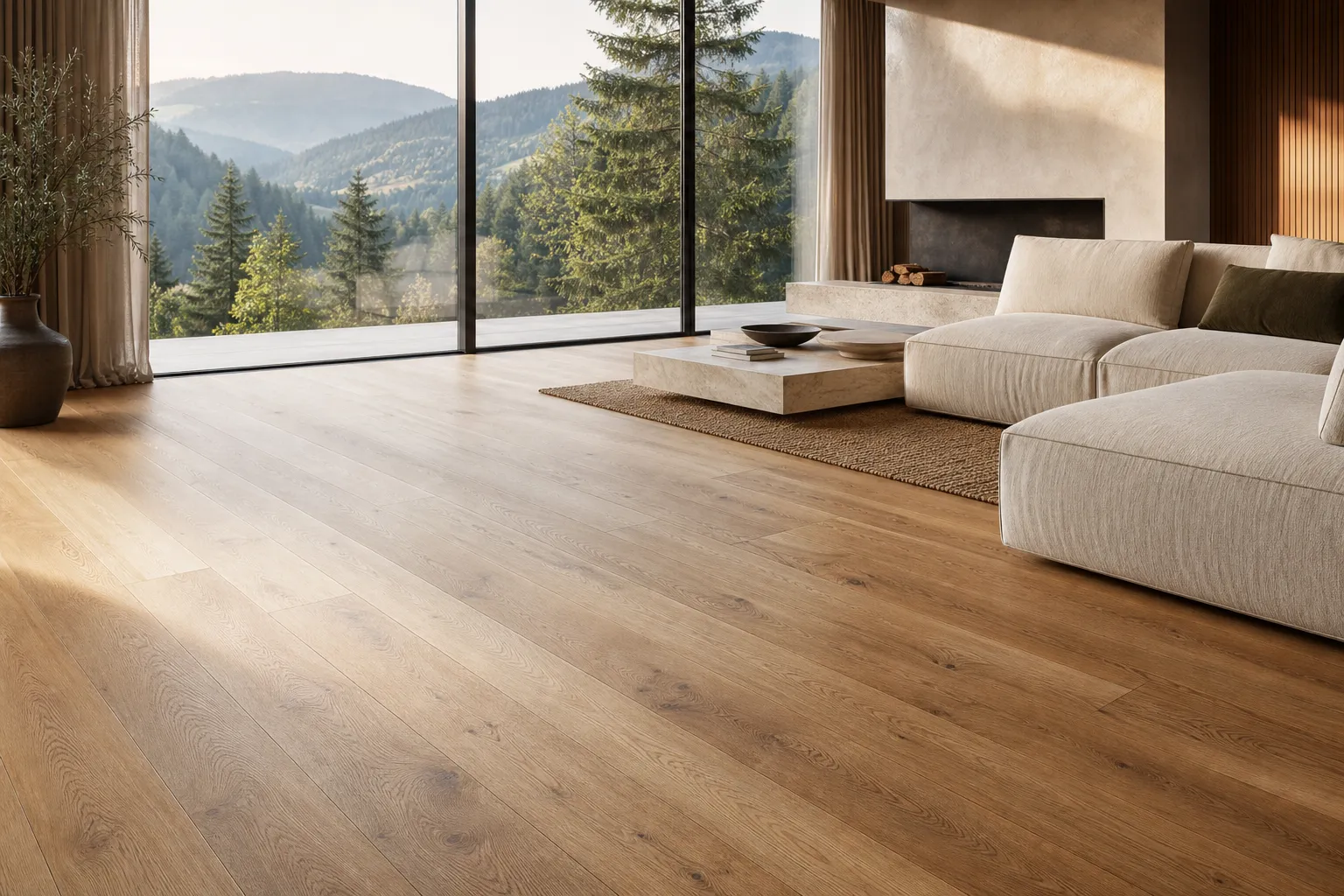 AI-generated atmospheric image of a bright interior with oak flooring.