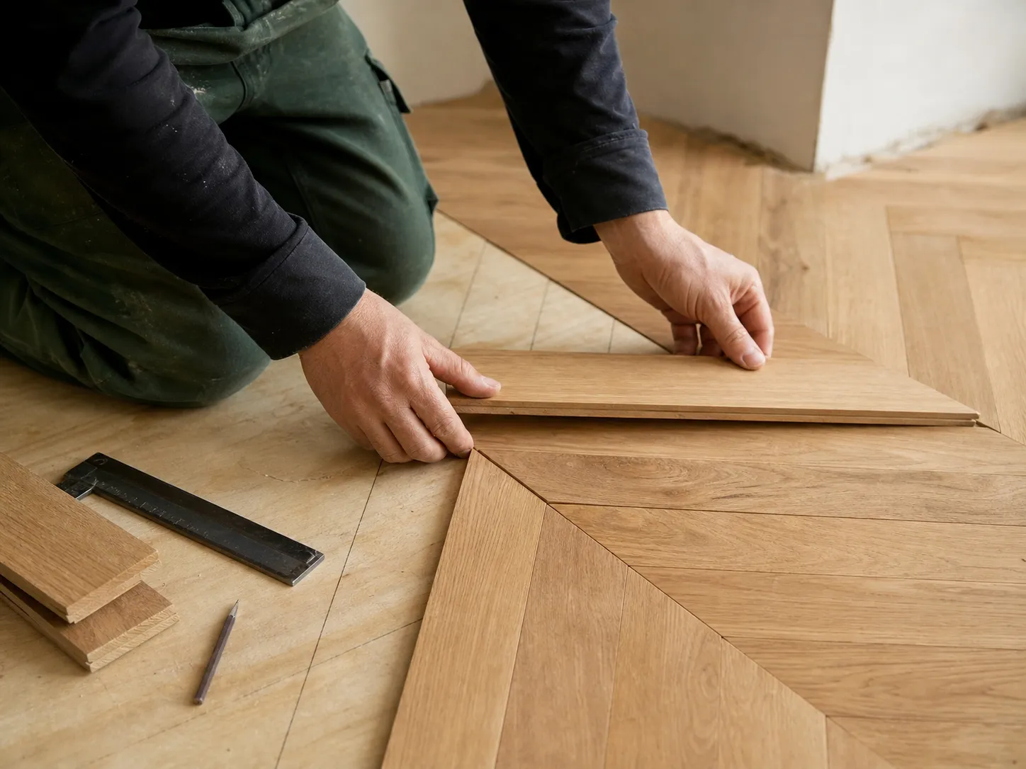 AI-generated illustration of an oak floor detail laid in a herringbone pattern.