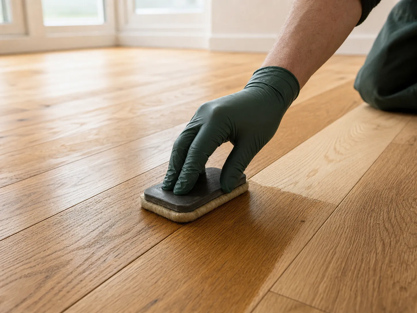 AI-generated illustration of a matte finish being applied by hand to an oak floor.