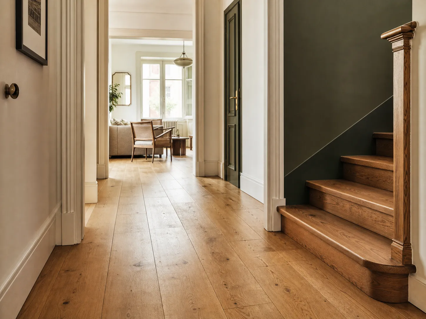 AI-generated illustration of a restored oak staircase in a finished interior.